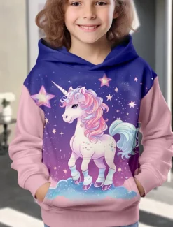 Girls' 3D Animal Unicorn Hoodie Long Sleeve 3D Print Spring Fall Winter Fashion Streetwear Adorable Kids 3-12 Years Outdoor Daily Indoor Regular Fit