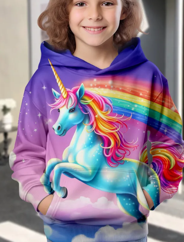 Girls' 3D Animal Unicorn Hoodie Long Sleeve 3D Print Spring Fall Winter Fashion Streetwear Adorable Kids 3-12 Years Outdoor Daily Indoor Regular Fit