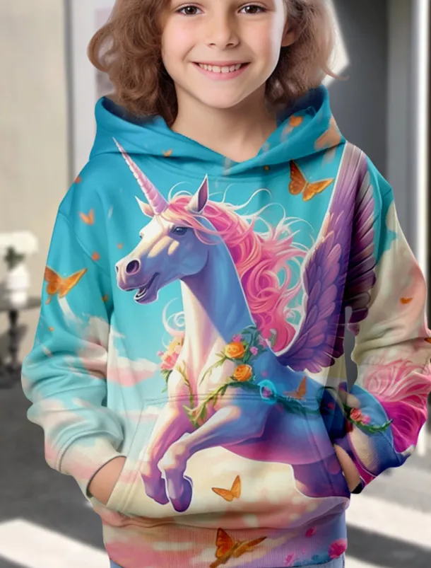 Girls' 3D Animal Unicorn Hoodie Long Sleeve 3D Print Spring Fall Winter Fashion Streetwear Adorable Kids 3-12 Years Outdoor Daily Indoor Regular Fit