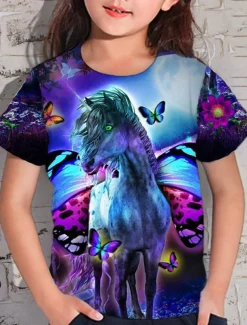 Girls' 3D Animal Unicorn T shirt Short Sleeve 3D Print Summer Spring Active Fashion Cute Kids 3-12 Years Outdoor Daily Indoor Regular Fit