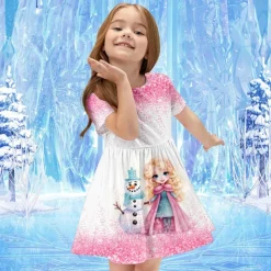 Girls' 3D Cartoon Princess Dress Pink Short Sleeve 3D Print Summer Daily Holiday Casual Beautiful Kids 3-12 Years Casual Dress Skater Dress Above Knee Regular Fit