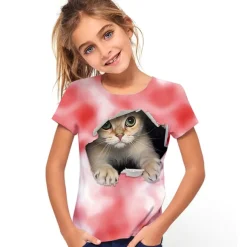 Girls' 3D Cat T shirt Short Sleeve 3D Print Summer Active Cute Polyester Kids 3-12 Years Outdoor Daily Regular Fit