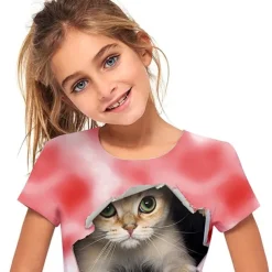 Girls' 3D Cat T shirt Short Sleeve 3D Print Summer Active Cute Polyester Kids 3-12 Years Outdoor Daily Regular Fit