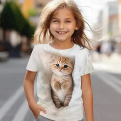 Girls' 3D Cat T shirt Tee Short Sleeve Summer Spring Fashion Basic Kids 4-12 Years Crew Neck Outdoor Casual Daily Regular Fit
