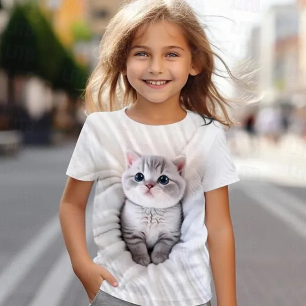 Girls' 3D Cat T shirt Tee Short Sleeve Summer Spring Fashion Basic Kids 4-12 Years Crew Neck Outdoor Casual Daily Regular Fit