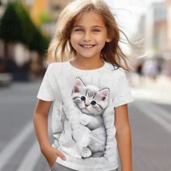 Girls' 3D Cat T shirt Tee Short Sleeve Summer Spring Fashion Basic Kids 4-12 Years Crew Neck Outdoor Casual Daily Regular Fit