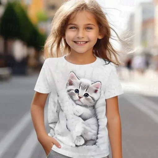 Girls' 3D Cat T shirt Tee Short Sleeve Summer Spring Fashion Basic Kids 4-12 Years Crew Neck Outdoor Casual Daily Regular Fit
