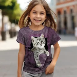 Girls' 3D Cat T shirt Tee Short Sleeve Summer Spring Fashion Basic Kids 4-12 Years Crew Neck Outdoor Casual Daily Regular Fit