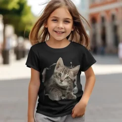 Girls' 3D Cat T shirt Tee Short Sleeve Summer Spring Fashion Basic Kids 4-12 Years Crew Neck Outdoor Casual Daily Regular Fit