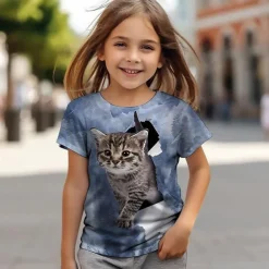 Girls' 3D Cat T shirt Tee Short Sleeve Summer Spring Fashion Basic Kids 4-12 Years Crew Neck Outdoor Casual Daily Regular Fit