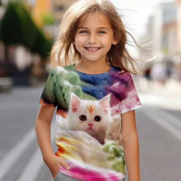 Girls' 3D Cat Tee Shirt Pink Short Sleeve 3D Print Summer Active Fashion Cute Polyester Kids 3-12 Years Crew Neck Outdoor Casual Daily Regular Fit