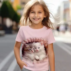 Girls' 3D Cat Tee Shirt Pink Short Sleeve 3D Print Summer Active Fashion Cute Polyester Kids 3-12 Years Crew Neck Outdoor Casual Daily Regular Fit