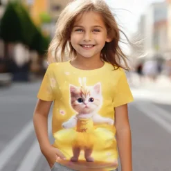 Girls' 3D Cat Tee Shirt Pink Short Sleeve 3D Print Summer Active Fashion Cute Polyester Kids 3-12 Years Crew Neck Outdoor Casual Daily Regular Fit