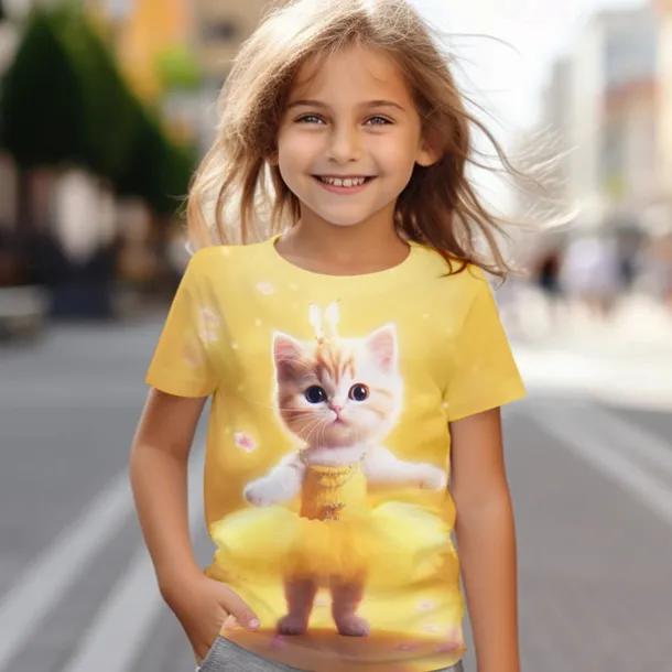 Girls' 3D Cat Tee Shirt Pink Short Sleeve 3D Print Summer Active Fashion Cute Polyester Kids 3-12 Years Crew Neck Outdoor Casual Daily Regular Fit
