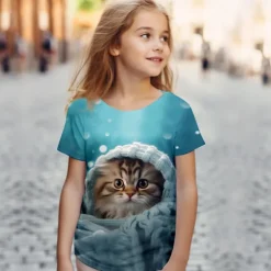 Girls' 3D Cat Tee Shirts Pink Short Sleeve 3D Print Summer Active Fashion Cute Polyester Kids 3-12 Years Crew Neck Outdoor Casual Daily Regular Fit