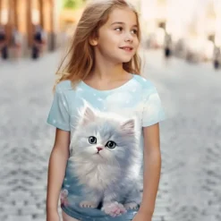 Girls' 3D Cat Tee Shirts Pink Short Sleeve 3D Print Summer Active Fashion Cute Polyester Kids 3-12 Years Crew Neck Outdoor Casual Daily Regular Fit