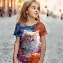 Girls' 3D Cat Tee Shirts Pink Short Sleeve 3D Print Summer Active Fashion Cute Polyester Kids 3-12 Years Crew Neck Outdoor Casual Daily Regular Fit
