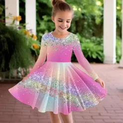 Girls' 3D Color Gradient Dress Long Sleeve 3D Print Fall Winter Vacation Sports & Outdoor Daily Cute Casual Beautiful Kids 3-12 Years Casual Dress A Line Dress Above Knee Regular Fit