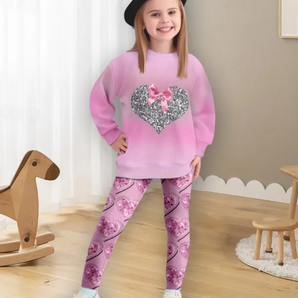 Girls' 3D Crown Sweatshirt & Legging Set Pink Long Sleeve 3D Print Spring Fall Active Fashion Daily Kids 3-12 Years Crew Neck Outdoor Vacation Date Regular Fit