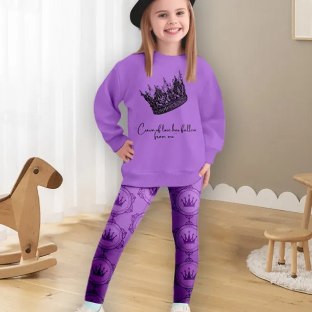 Girls' 3D Crown Sweatshirt & Legging Set Pink Long Sleeve 3D Print Spring Fall Active Fashion Daily Kids 3-12 Years Crew Neck Outdoor Vacation Date Regular Fit