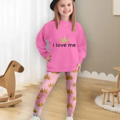 Girls' 3D Crown Sweatshirt & Legging Set Pink Long Sleeve 3D Print Spring Fall Active Fashion Daily Kids 3-12 Years Crew Neck Outdoor Vacation Date Regular Fit