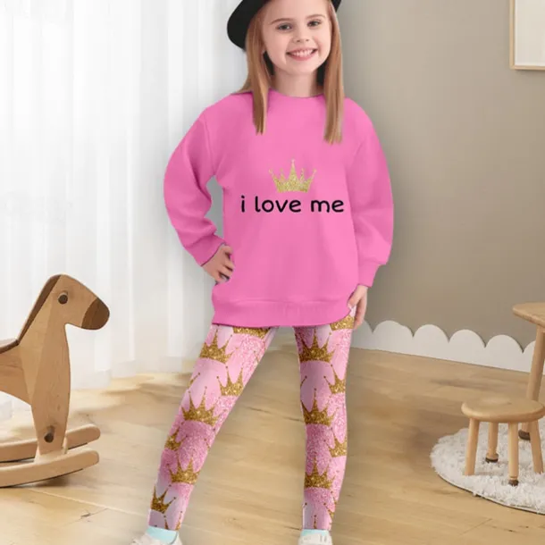 Girls' 3D Crown Sweatshirt & Legging Set Pink Long Sleeve 3D Print Spring Fall Active Fashion Daily Kids 3-12 Years Crew Neck Outdoor Vacation Date Regular Fit