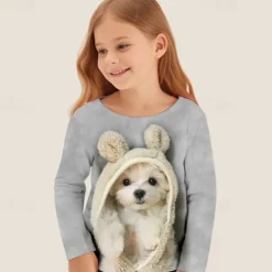Girls' 3D Dog Tee Shirts Long Sleeve 3D Print Spring Fall Active Fashion Cute Kids 3-12 Years 4-12 Years Crew Neck Outdoor Casual Daily Regular Fit
