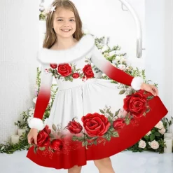 Girls' 3D Floral Dress Long Sleeve 3D Print Fall Winter Sports & Outdoor Daily Holiday Cute Casual Beautiful Kids 3-12 Years Casual Dress Swing Dress A Line Dress Above Knee Polyester Regular Fit