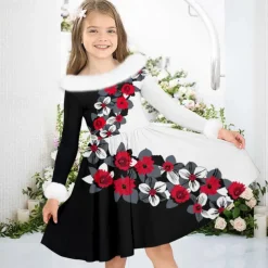 Girls' 3D Floral Dress Long Sleeve 3D Print Fall Winter Sports & Outdoor Daily Holiday Cute Casual Beautiful Kids 3-12 Years Casual Dress Swing Dress A Line Dress Above Knee Polyester Regular Fit