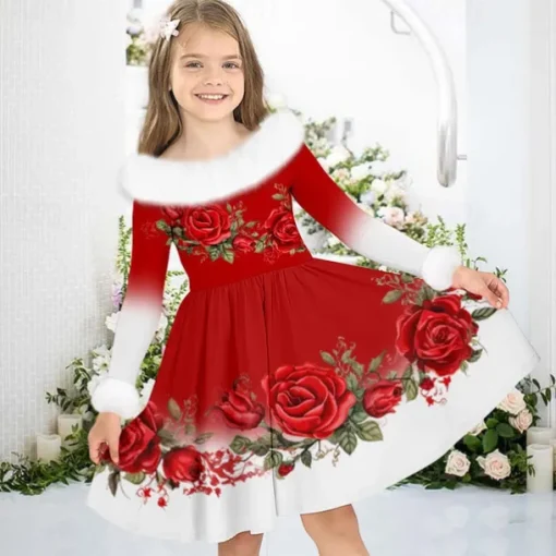 Girls' 3D Floral Dress Long Sleeve 3D Print Fall Winter Sports & Outdoor Daily Holiday Cute Casual Beautiful Kids 3-12 Years Casual Dress Swing Dress A Line Dress Above Knee Polyester Regular Fit