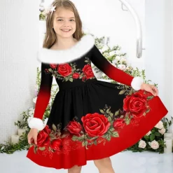 Girls' 3D Floral Dress Long Sleeve 3D Print Fall Winter Sports & Outdoor Daily Holiday Cute Casual Beautiful Kids 3-12 Years Casual Dress Swing Dress A Line Dress Above Knee Polyester Regular Fit