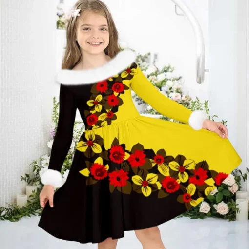Girls' 3D Floral Dress Long Sleeve 3D Print Fall Winter Sports & Outdoor Daily Holiday Cute Casual Beautiful Kids 3-12 Years Casual Dress Swing Dress A Line Dress Above Knee Polyester Regular Fit