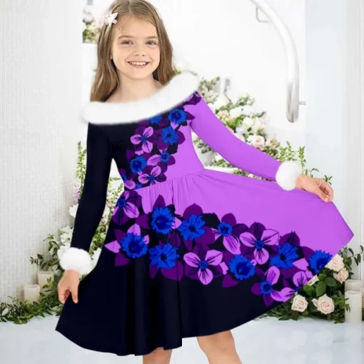 Girls' 3D Floral Dress Long Sleeve 3D Print Fall Winter Sports & Outdoor Daily Holiday Cute Casual Beautiful Kids 3-12 Years Casual Dress Swing Dress A Line Dress Above Knee Polyester Regular Fit
