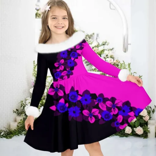Girls' 3D Floral Dress Long Sleeve 3D Print Fall Winter Sports & Outdoor Daily Holiday Cute Casual Beautiful Kids 3-12 Years Casual Dress Swing Dress A Line Dress Above Knee Polyester Regular Fit