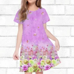 Girls' 3D Floral Dress Short Sleeve Summer Spring Vacation Daily Holiday Princess Beautiful Sweet Kids 4-12 Years Casual Dress Knee-length Regular Fit