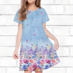 Girls' 3D Floral Dress Short Sleeve Summer Spring Vacation Daily Holiday Princess Beautiful Sweet Kids 4-12 Years Casual Dress Knee-length Regular Fit