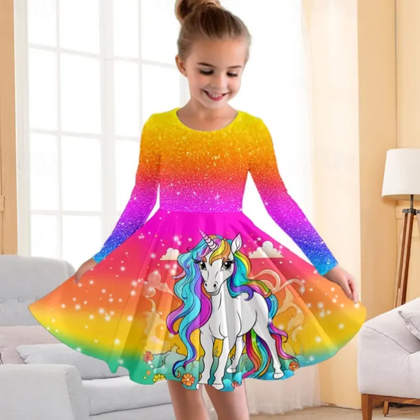 Girls' 3D Floral Rainbow Dress Pink Long Sleeve 3D Print Fall Winter Vacation Sports & Outdoor Daily Cute Casual Beautiful Kids 3-12 Years Casual Dress A Line Dress Above Knee Regular Fit