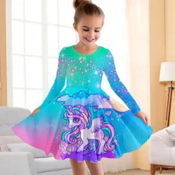 Girls' 3D Floral Rainbow Dress Pink Long Sleeve 3D Print Fall Winter Vacation Sports & Outdoor Daily Cute Casual Beautiful Kids 3-12 Years Casual Dress A Line Dress Above Knee Regular Fit