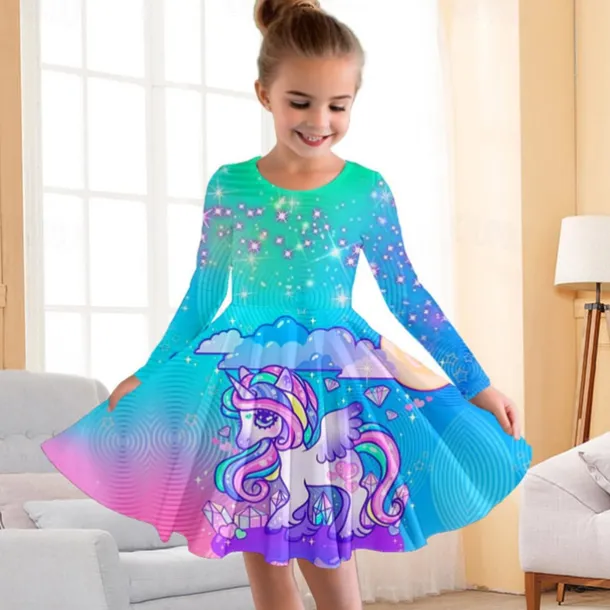 Girls' 3D Floral Rainbow Dress Pink Long Sleeve 3D Print Fall Winter Vacation Sports & Outdoor Daily Cute Casual Beautiful Kids 3-12 Years Casual Dress A Line Dress Above Knee Regular Fit
