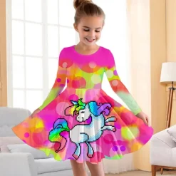 Girls' 3D Floral Rainbow Dress Pink Long Sleeve 3D Print Fall Winter Vacation Sports & Outdoor Daily Cute Casual Beautiful Kids 3-12 Years Casual Dress A Line Dress Above Knee Regular Fit