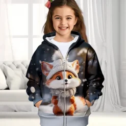 Girls' 3D Fox Hoodie Coat Outerwear Long Sleeve Fall Winter Active Cute Streetwear Polyester Kids 3-12 Years Zip Street Daily Regular Fit