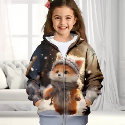 Girls' 3D Fox Hoodie Coat Outerwear Long Sleeve Fall Winter Active Cute Streetwear Polyester Kids 3-12 Years Zip Street Daily Regular Fit