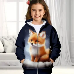Girls' 3D Fox Hoodie Coat Outerwear Long Sleeve Fall Winter Active Cute Streetwear Polyester Kids 3-12 Years Zip Street Daily Regular Fit