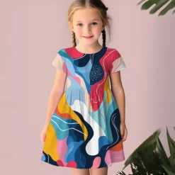 Girls' 3D Geometric Dress Pink Short Sleeve 3D Print Summer Daily Holiday Casual Beautiful Kids 3-12 Years Casual Dress Skater Dress Above Knee Regular Fit
