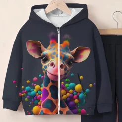 Girls' 3D Giraffe Hoodie & Sweatpants Set Long Sleeve 3D Printing Fall Winter Active Fashion Cute Kids 3-12 Years Zip Hooded Outdoor Street Regular Fit