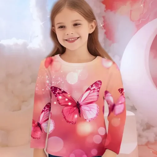Girls' 3D Graphic Animal Butterfly T shirt Tee Long Sleeve Spring Fall Fashion Basic Kids 4-12 Years Crew Neck Outdoor Casual Daily Regular Fit