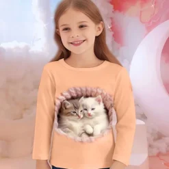 Girls' 3D Graphic Animal Cat T shirt Tee Long Sleeve Spring Fall Fashion Basic Kids 4-12 Years Crew Neck Outdoor Casual Daily Regular Fit