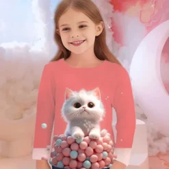 Girls' 3D Graphic Animal Cat T shirt Tee Long Sleeve Spring Fall Fashion Basic Kids 4-12 Years Crew Neck Outdoor Casual Daily Regular Fit