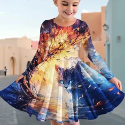 Girls' 3D Graphic Animal Cat Dress Long Sleeve Summer Spring Vacation Daily Holiday Princess Beautiful Sweet Kids 4-12 Years Casual Dress A Line Dress Knee-length Regular Fit