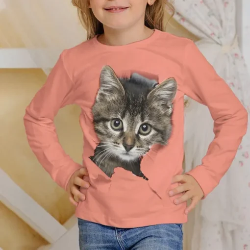 Girls' 3D Graphic Animal Cat T shirt Tee Long Sleeve Spring Fall Fashion Basic Kids 4-12 Years Crew Neck Outdoor Casual Daily Regular Fit
